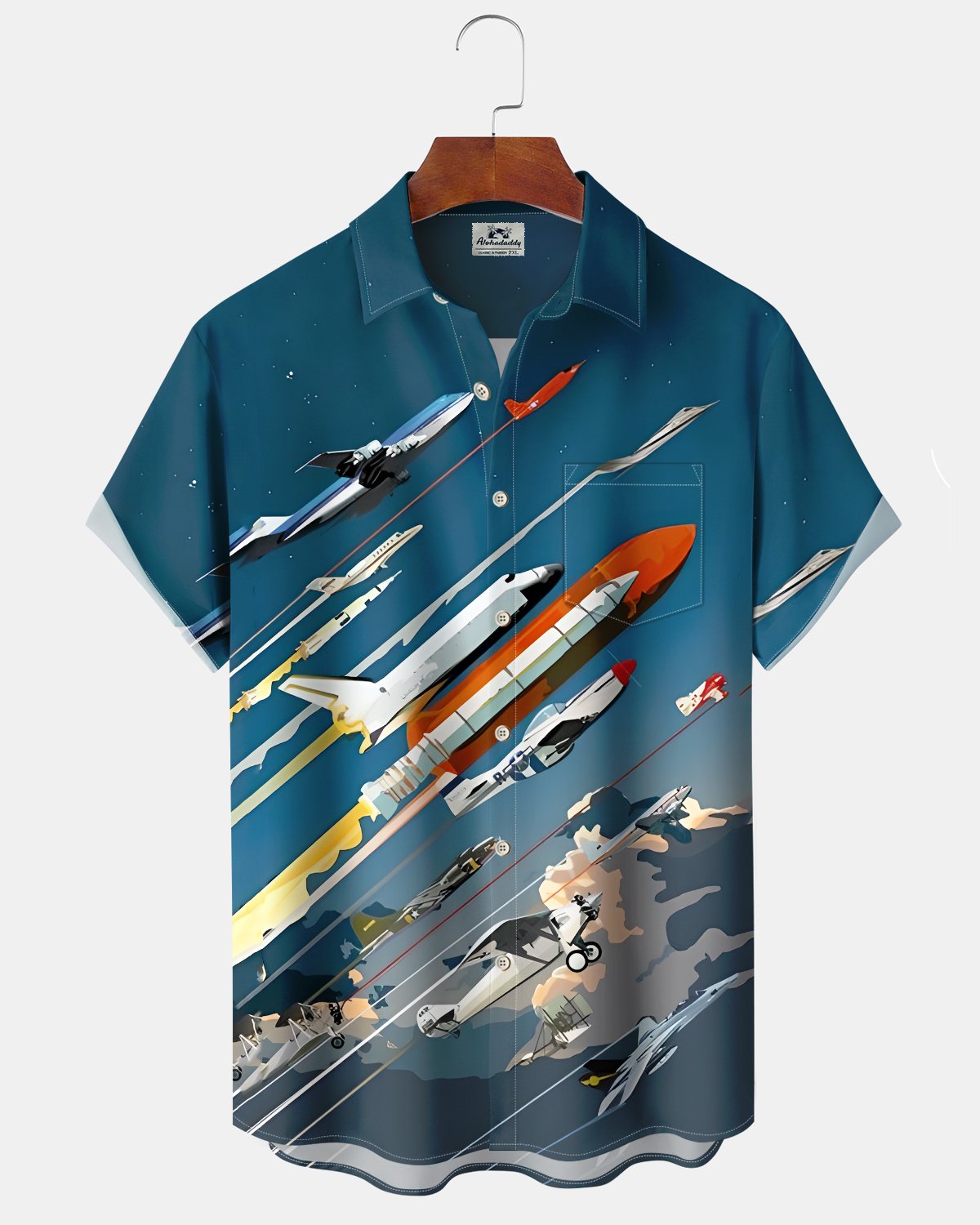 Alohadaddy® Men's Casual Short-Sleeve Shirt – Rocket Art Print, Button-Down Pocket Open-Front Style