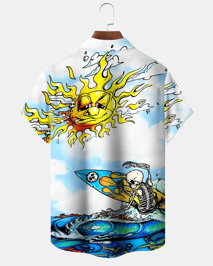 Alohadaddy® Hawaiian Skull Surfing Sun Print Art Button Pockets Cardigan Men&