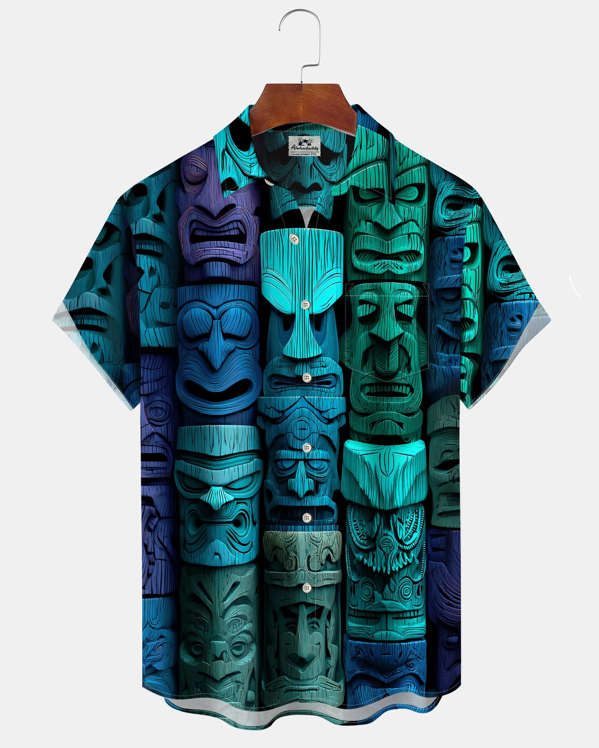 Alohadaddy® Men's Short-Sleeve Button-Down Shirt with Hawaiian Tiki Totem Print and Chest Pocket