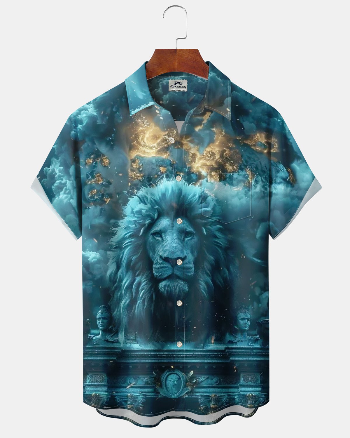 Alohadaddy® Men's Short-Sleeve Button-Down Shirt  Vintage Lion Art Print with Pocket