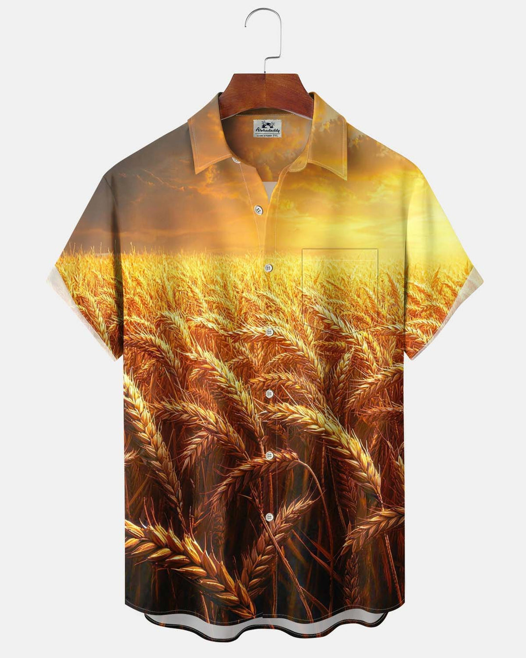 Alohadaddy® Holiday/Thanksgiving Wheat Field Print Button-Down Cardigan-Style Men’s Short-Sleeve Shirt with Pocket