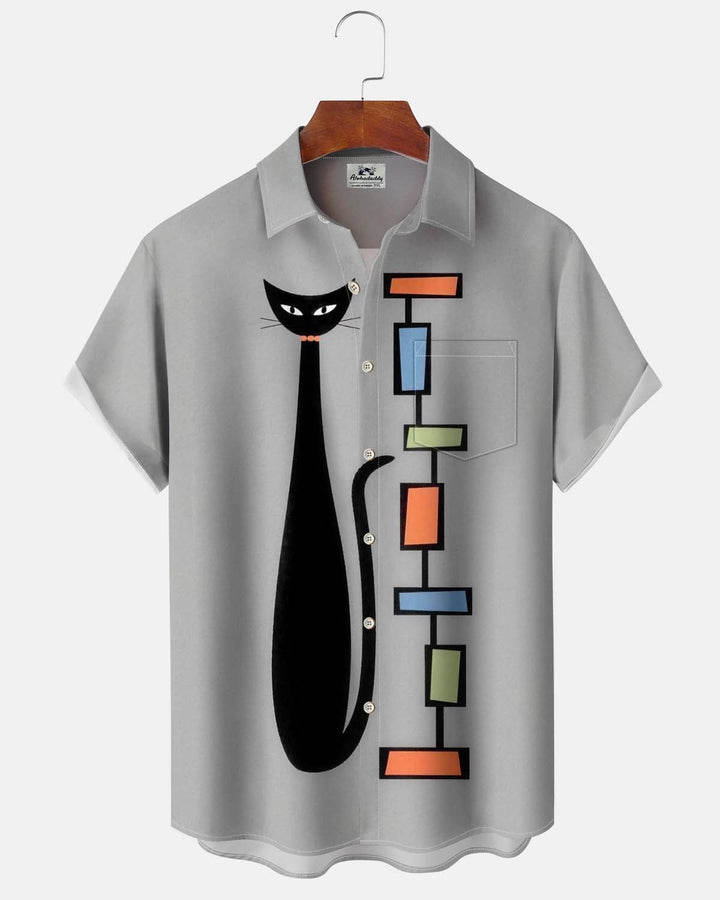 Alohadaddy® Casual Men’s Short-Sleeve Button-Down Shirt  Atomic Cat Graphic Print with Pocket