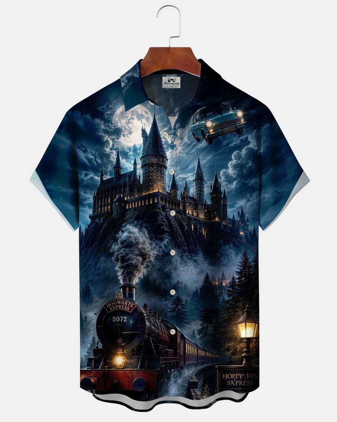 Alohadaddy® Men’s Short-Sleeve Button-Down Shirt with Vintage Magic Castle Graphic Print and Pocket
