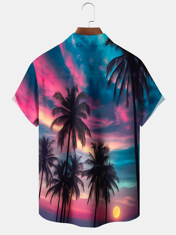 Alohadaddy Hawaii Resort Style Botanical Sunset Print Art Pocket Buttons Plus Size Stretch Shirt