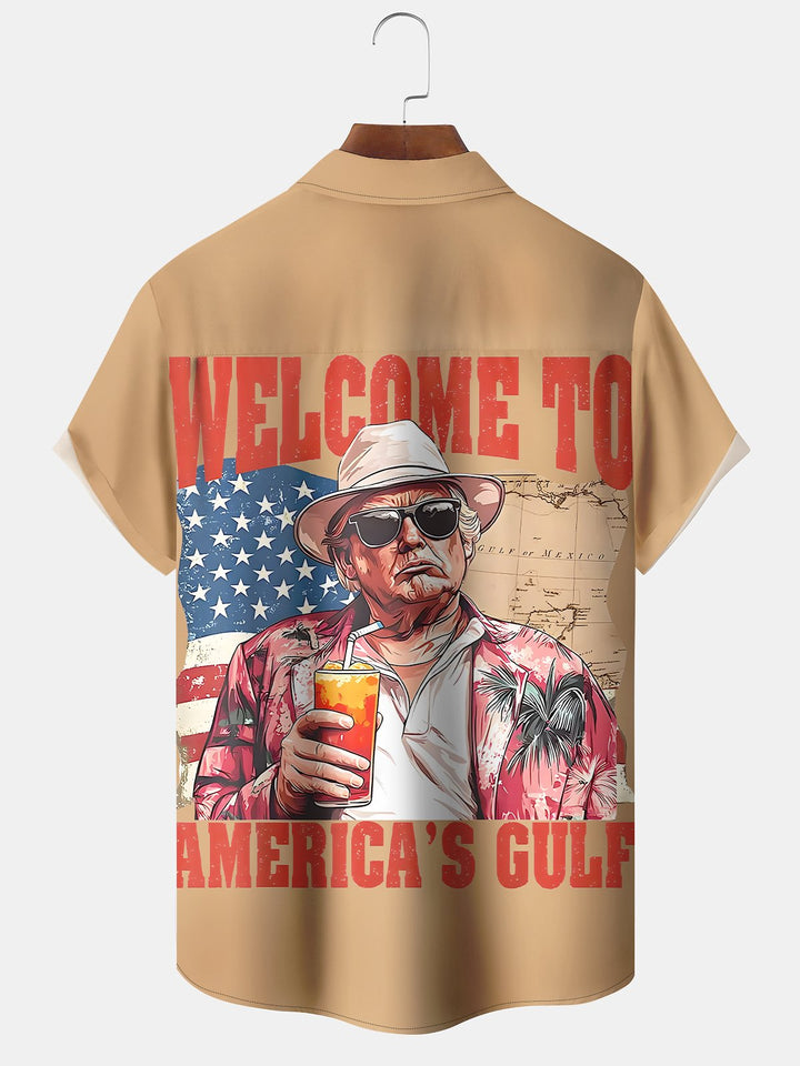 Alohadaddy Casual Trump Print Art Pocket Button Stretch Large Size Shirt