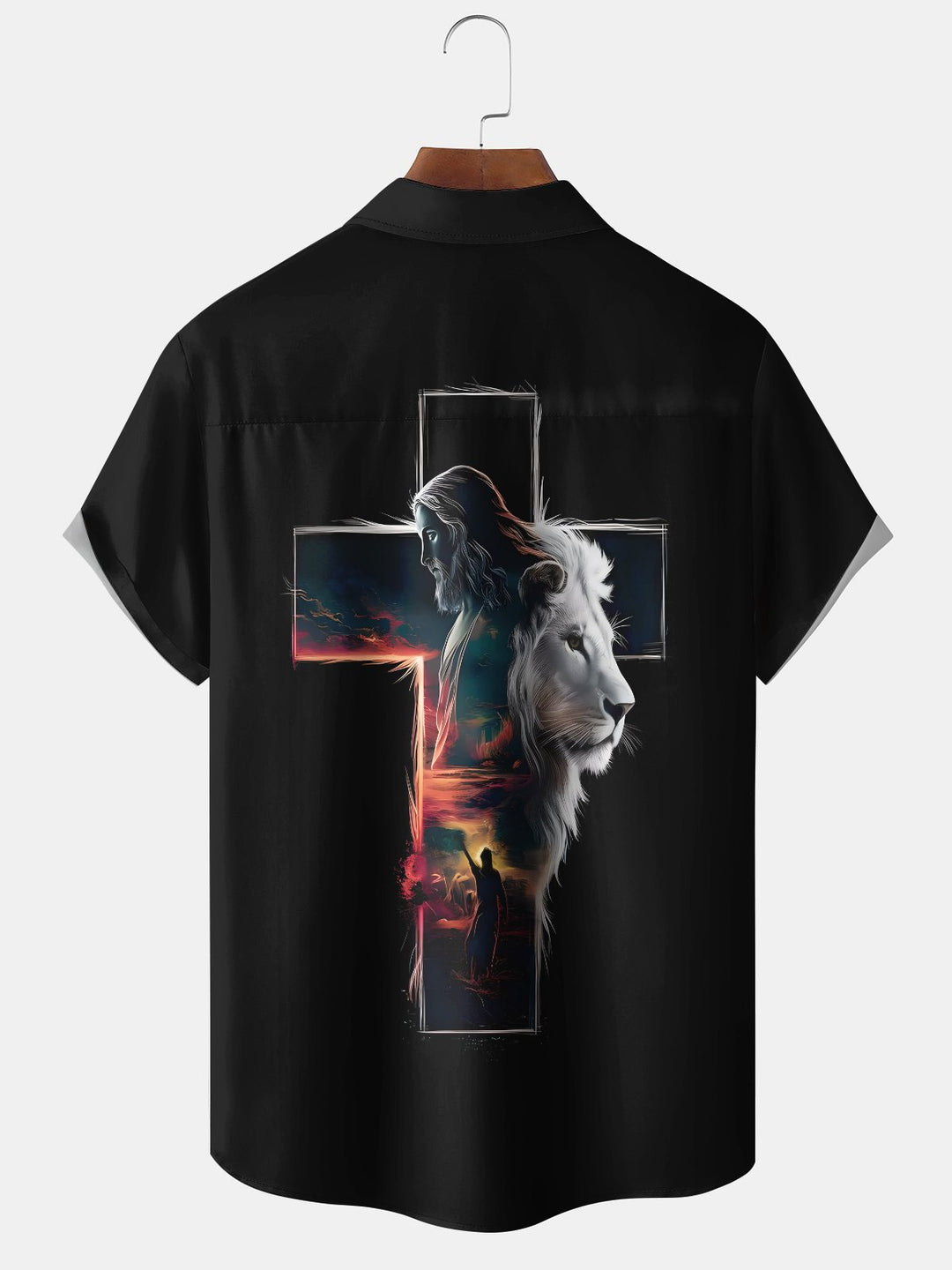 Alohadaddy Holiday Collection Easter Cross Lion Jesus Button Cardigan Stretch Large Size Polyester Short Sleeve Shirt