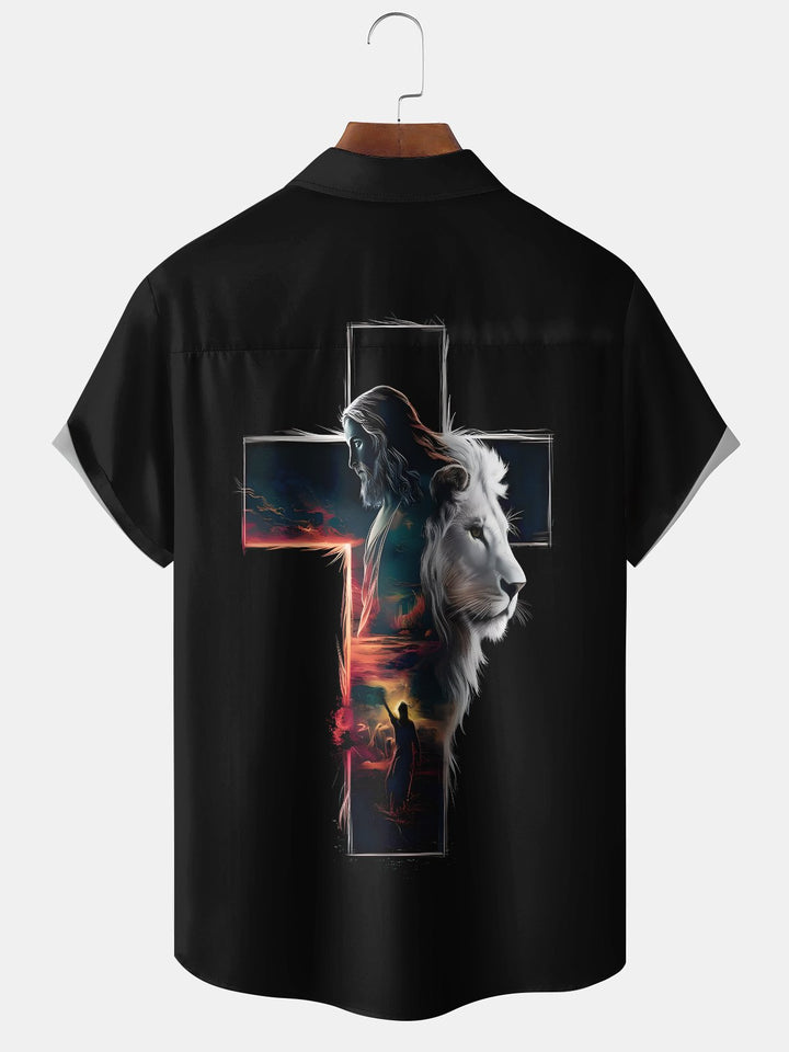 Alohadaddy Holiday Collection Easter Cross Lion Jesus Button Cardigan Stretch Large Size Polyester Short Sleeve Shirt