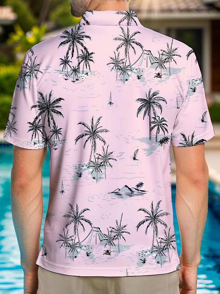Alohadaddy Hawaiian Palm Trees Print Art Button Elastic Large Size Short Sleeve Polo Shirt