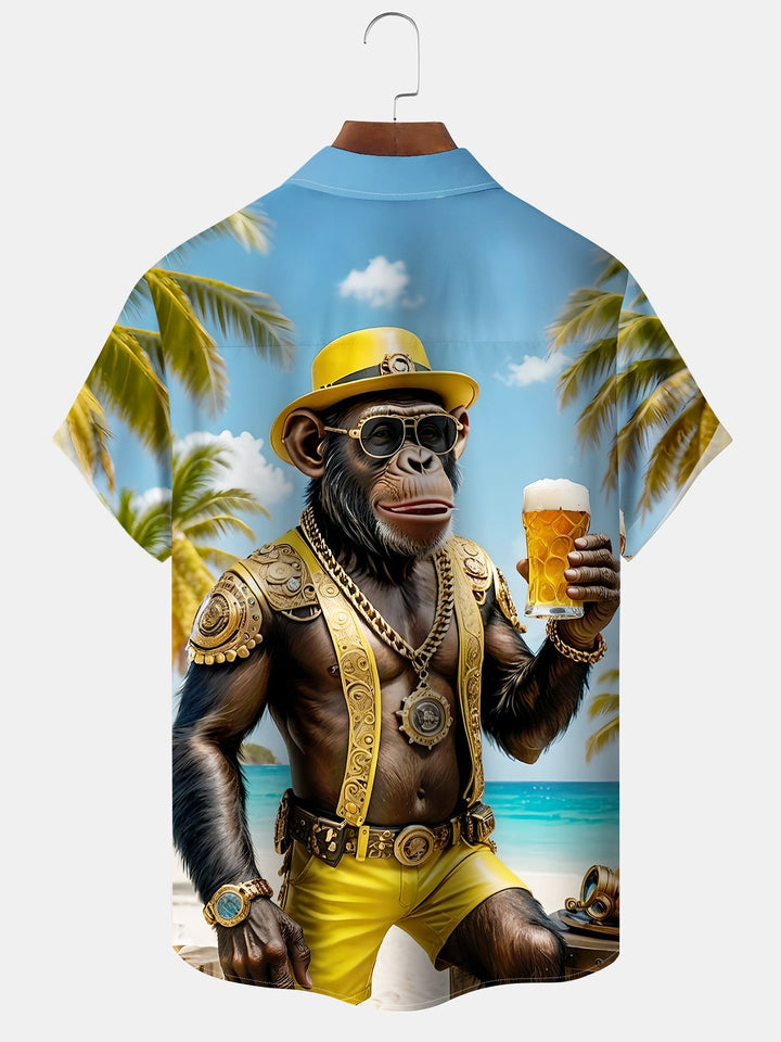Alohadaddy Hawaiian Orangutan Vacation Print Art Button Cardigan Pocket Stretch Large Size Long Short Sleeve Shirt