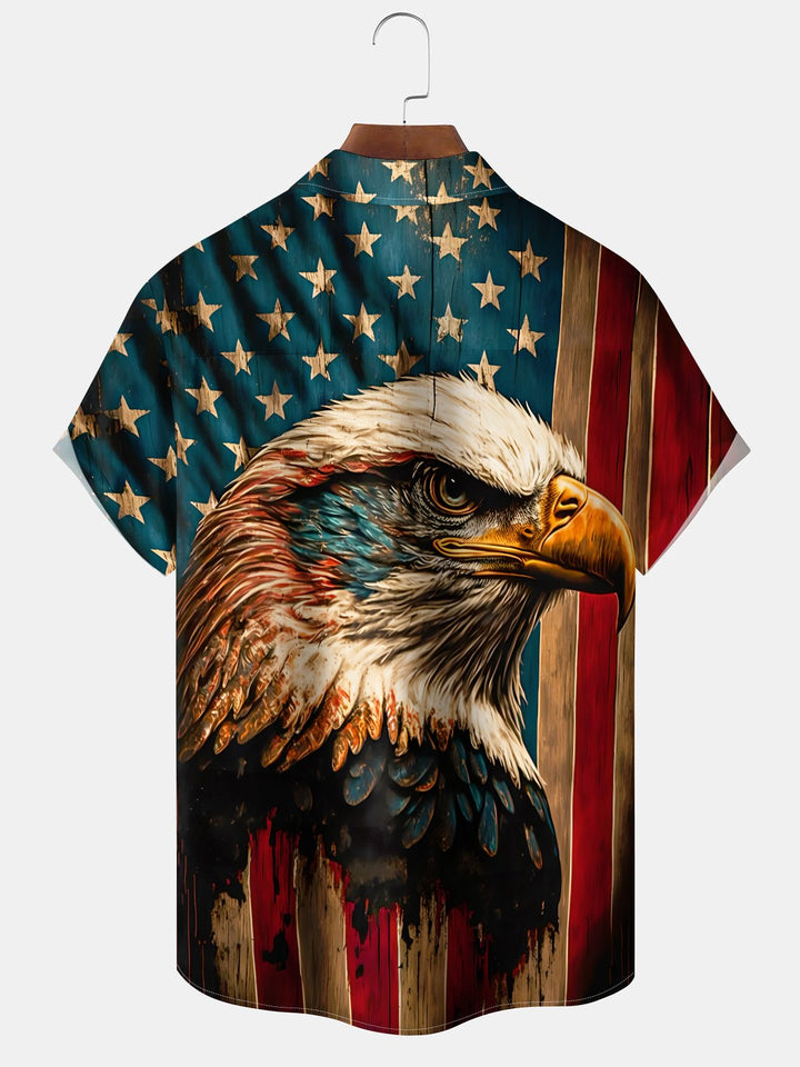 Alohadaddy Casual Independence Day American Flag Eagle Drawing Art Button Cardigan Pocket Stretch Large Size Long Short Sleeve Shirt