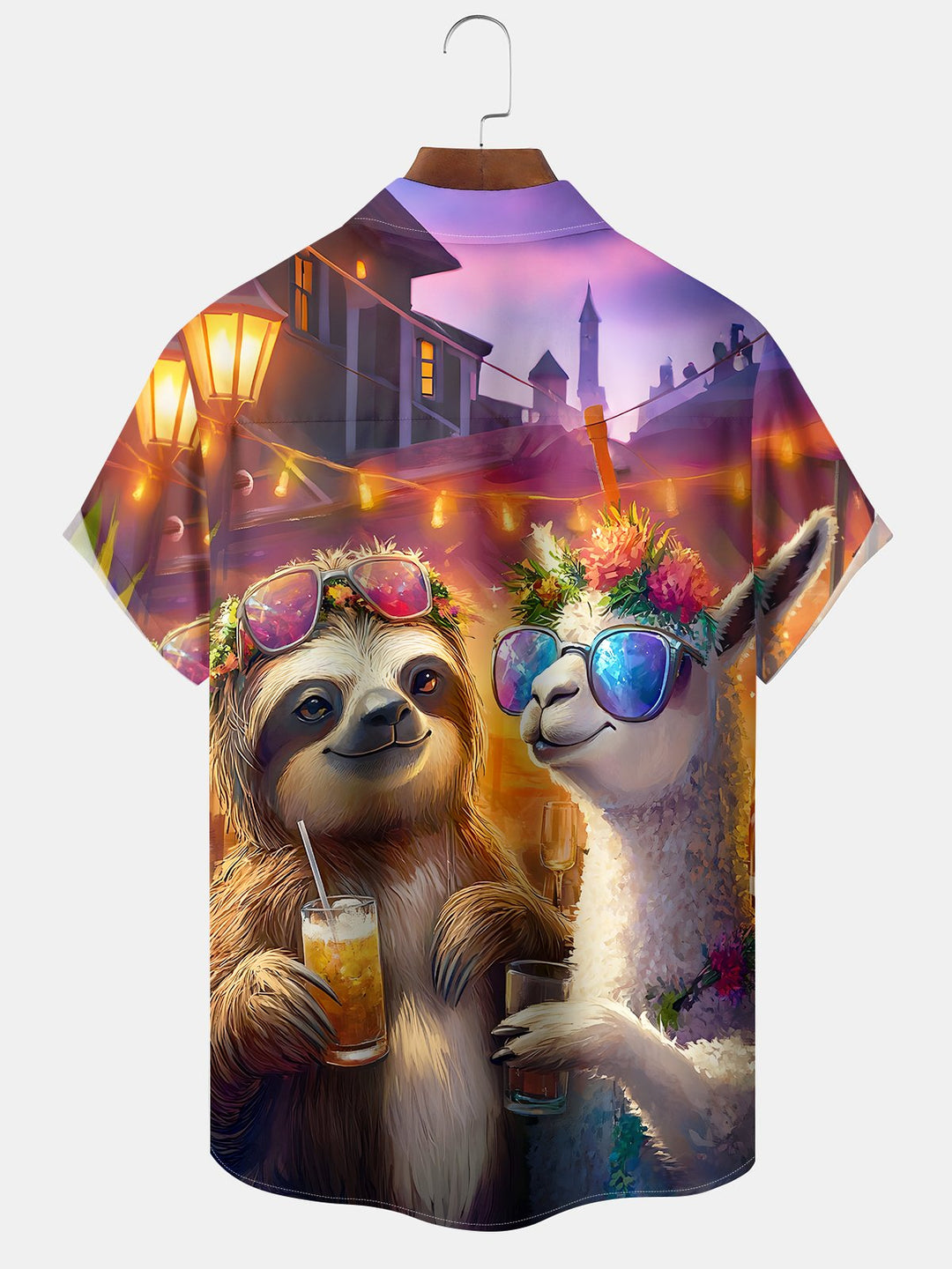 Alohadaddy Casual Vacation Sloth Alpaca Print Art Pocket Cardigan Button Polyester Stretch Short Sleeve Shirt
