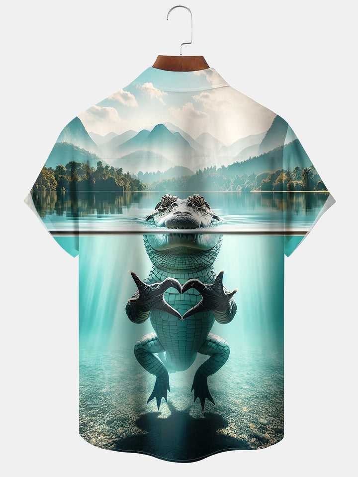 Alohadaddy Hawaiian Vacation Crocodile Heart Print Art Button Cardigan Pockets Breathable Soft Long Large Size Short Sleeve Shirt