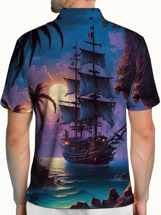 Alohadaddy Casual Daily Hawaii Ocean Pirate Ship Print Art Elastic Large Size Button Short Sleeve POLO Shirt