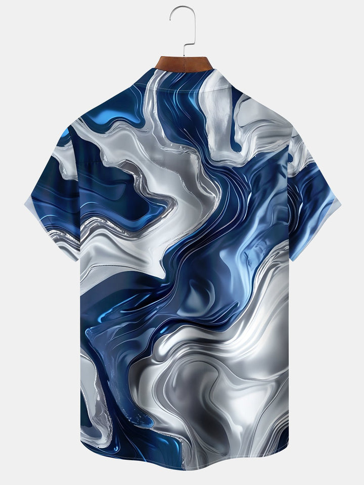 Alohadaddy Casual Everyday Hawaii Blue and White Abstract Texture Print Art Polyester Pocket Cardigan Stretch Long Large Size Short Sleeve Shirt