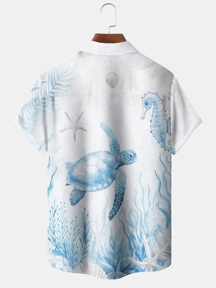 Alohadaddy Hawaiian Sea Turtle Seahorse Print Art Chest Pocket Stretch Short Sleeve Shirt