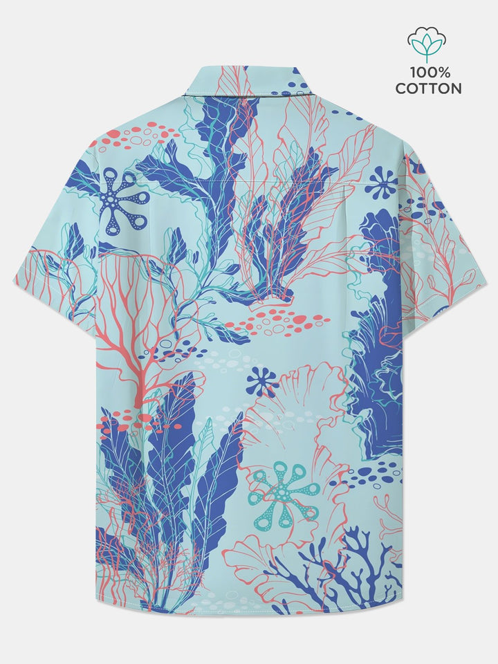 Alohadaddy Cotton Ocean Coral Art Print Moisture Wicking Chest Pocket Cardigan Hawaiian Oversized Short Sleeve Shirt