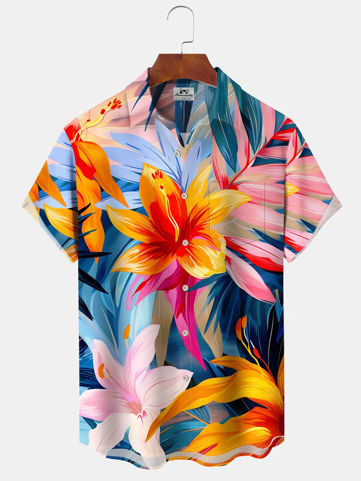 Alohadaddy® Casual Floral Art Print Chest Pocket Moisture Wicking Large Size Hawaiian Shirt