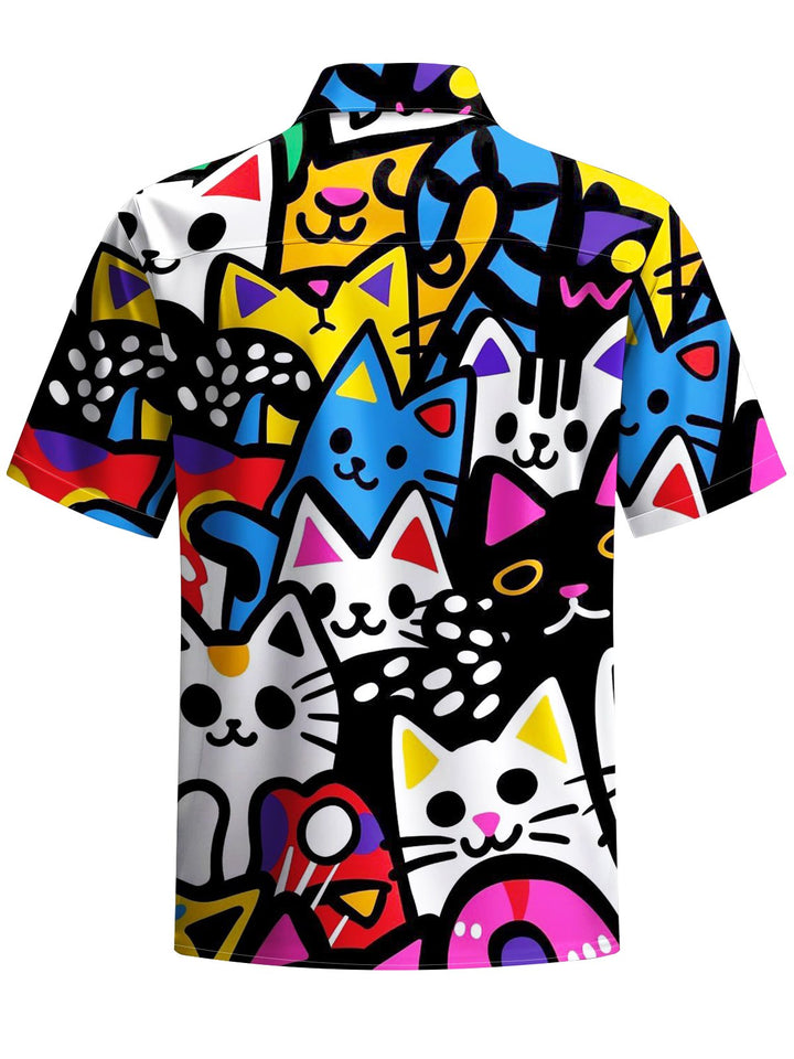 Alohadaddy® Casual Graffiti Cat Print Art Chest Pocket Moisture Wicking Men&