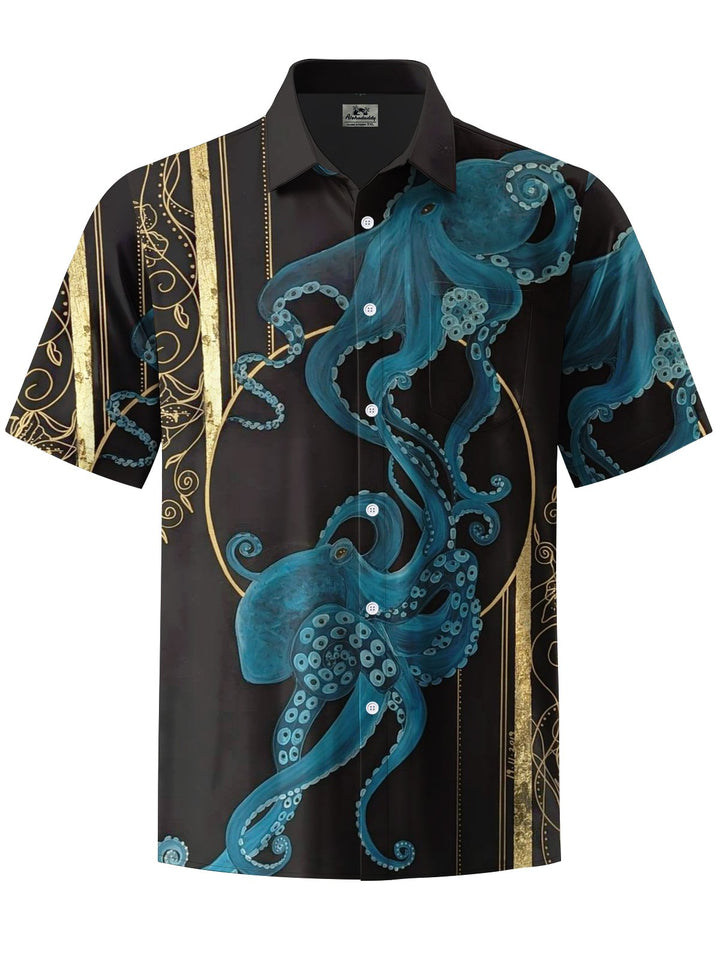 Alohadaddy® Casual Octopus Stripe Art Print Chest Pocket Mens Short Sleeve Shirt Big &amp; Tall