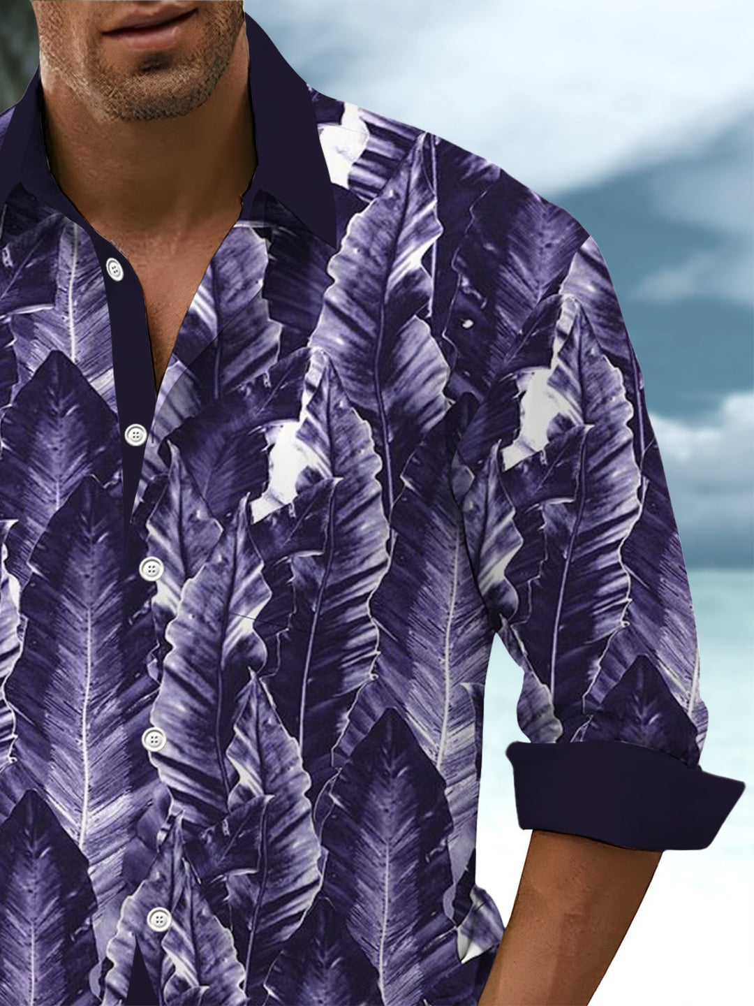Alohadaddy® Casual Tropical Leaf Art Print Chest Pocket Stretch Men&