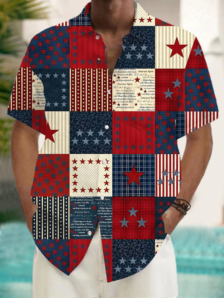 Alohadaddy® Vintage Geometric American Flag Art Print Chest Pocket Stretch Men&