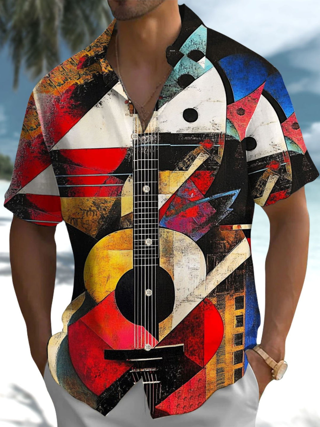 Alohadaddy® Retro Geometric Guitar Print Art Pocket Stretch Men&