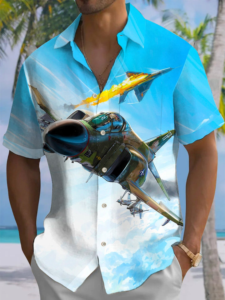 Alohadaddy® Casual Fighter Plane on Fire Printed Pocket Stretch Men&