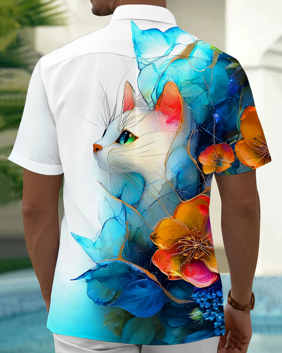 Alohadaddy® Hawaiian Floral Cat Print Pocket Elastic Button Men&