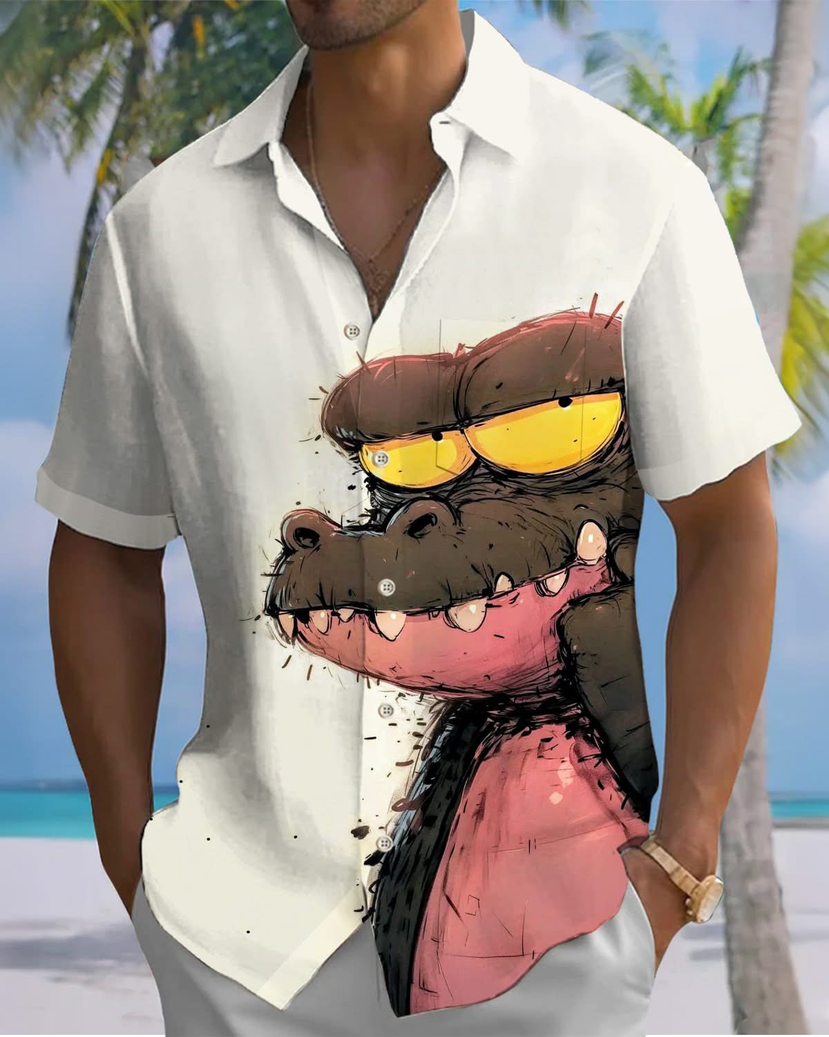 Alohadaddy® Casual Fun Crocodile Print Pocket Button Men's Short Sleeve Shirt Big & Tall
