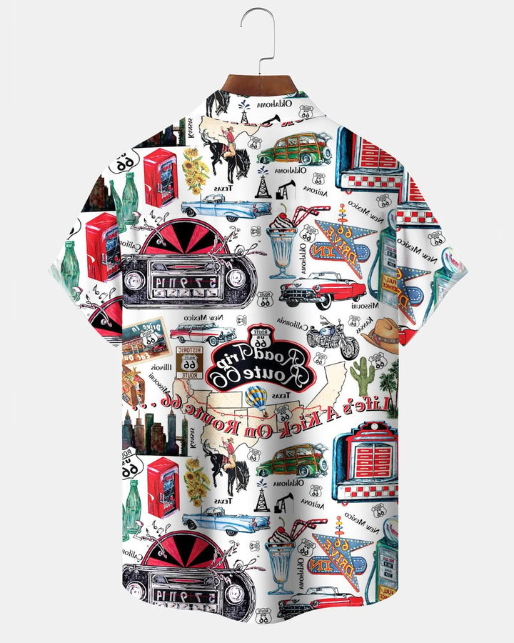 Alohadaddy® Retro Route 66 Geometric Cartoon Print Art with Pockets and Buttons Men&