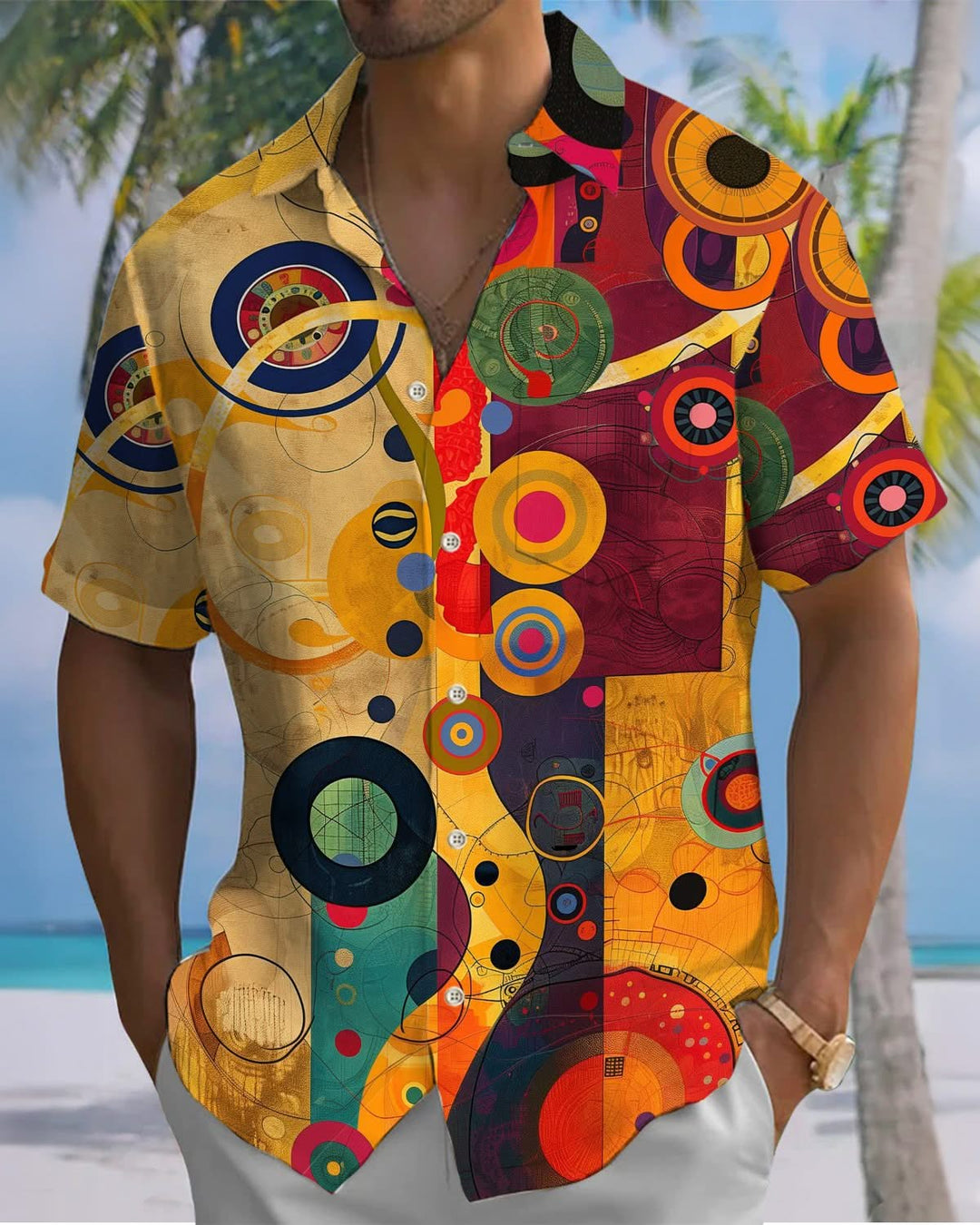 Alohadaddy® Vintage Geometric Print Art Pocket Button Stretch Men&