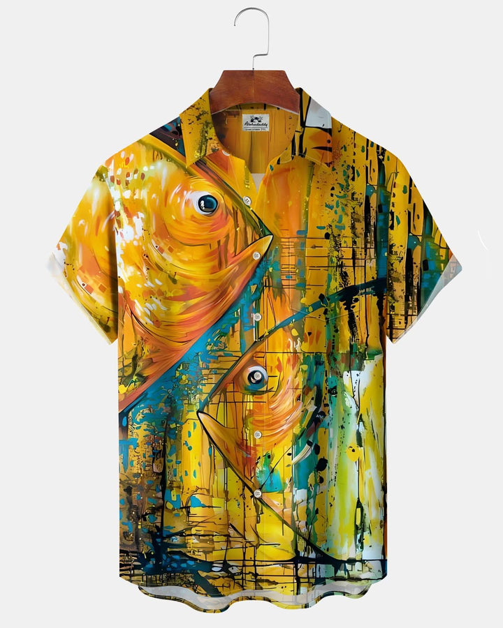 Alohadaddy® Vintage Fish Oil Painting Print Art Pocket Button Stretch Men&