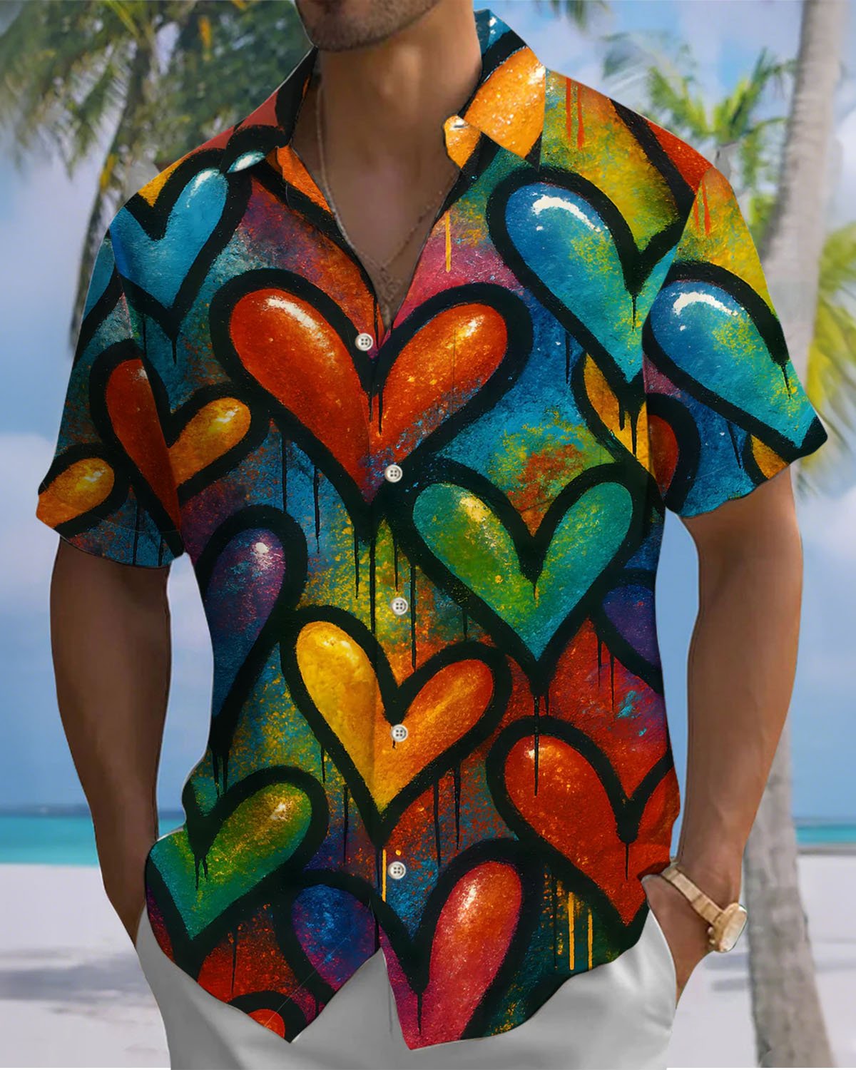 Alohadaddy® Vintage Heart Print Art Pocket Button Stretch Men's Short Sleeve Shirt Big & Tall