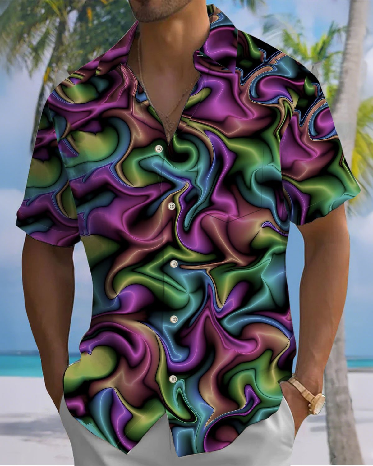 Alohadaddy® Casual Abstract Texture Print Art Button-Down Short-Sleeve Shirt with Pockets for Men Big & Tall