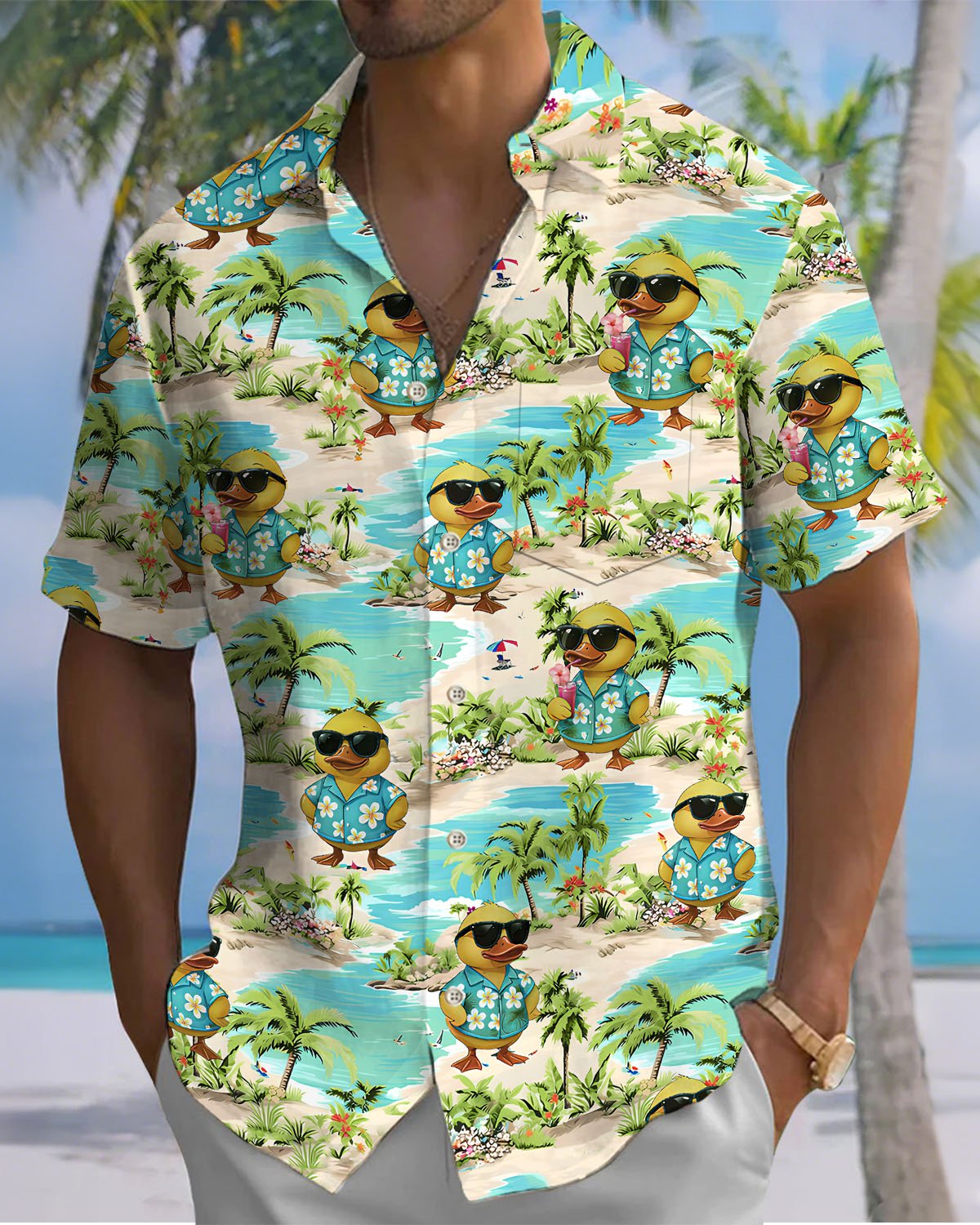 Alohadaddy® Casual Floral Duck Print Art Button Pocket Cardigan Men's Short Sleeve Shirt Big & Tall