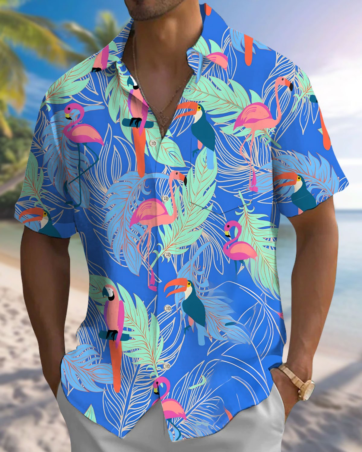 Alohadaddy® Casual Hawaiian Parrot Print Art Button Pocket Cardigan Men's Short Sleeve Shirt Big & Tall