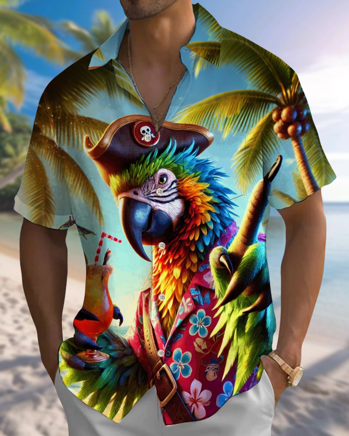 Alohadaddy® Hawaiian Parrot Print Art Button Pocket Cardigan Men's Short Sleeve Shirt Big & Tall