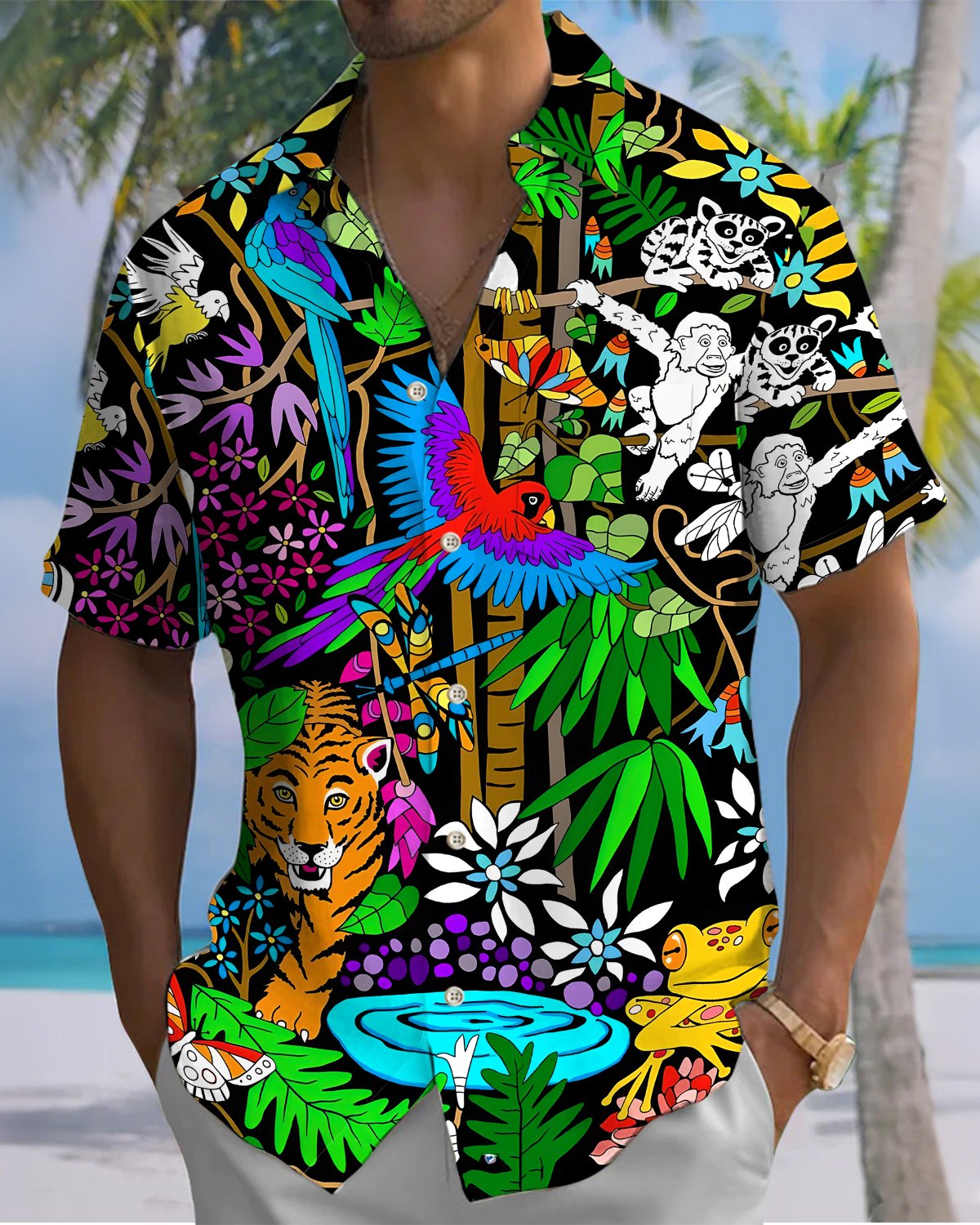 Alohadaddy® Hawaiian Palm Leaf Print Art Button Pocket Cardigan Men's Short Sleeve Shirt Big & Tall