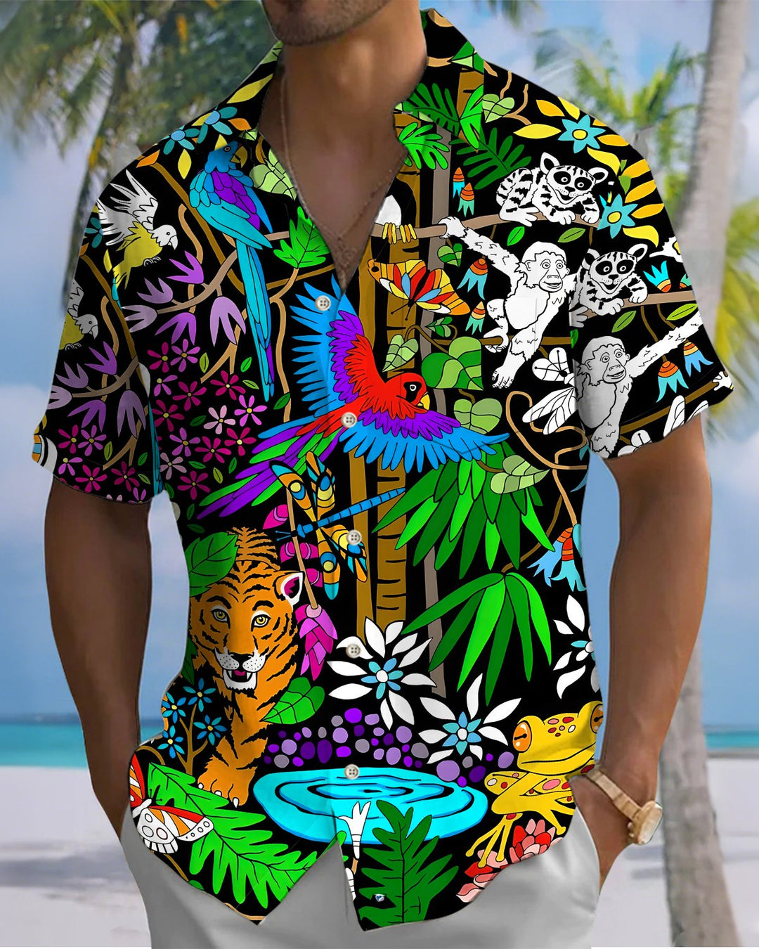 Alohadaddy® Hawaiian Palm Leaf Print Art Button Pocket Cardigan Men&