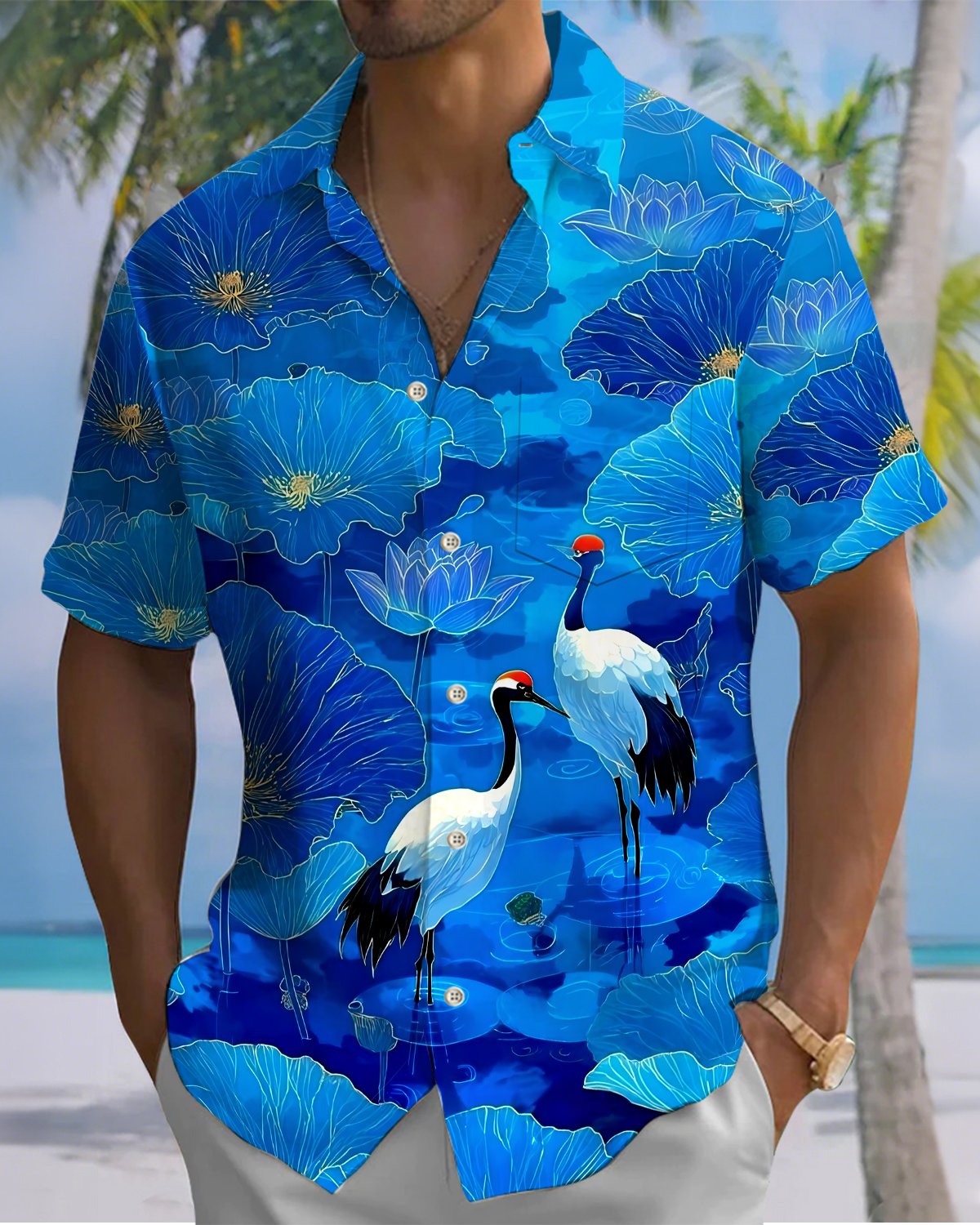 Alohadaddy® Hawaiian Red-crowned Crane Print Art Button Pocket Cardigan Men's Short-Sleeve Shirt