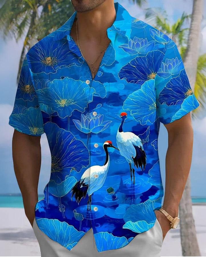 Alohadaddy® Hawaiian Red-crowned Crane Print Art Button Pocket Cardigan Men&