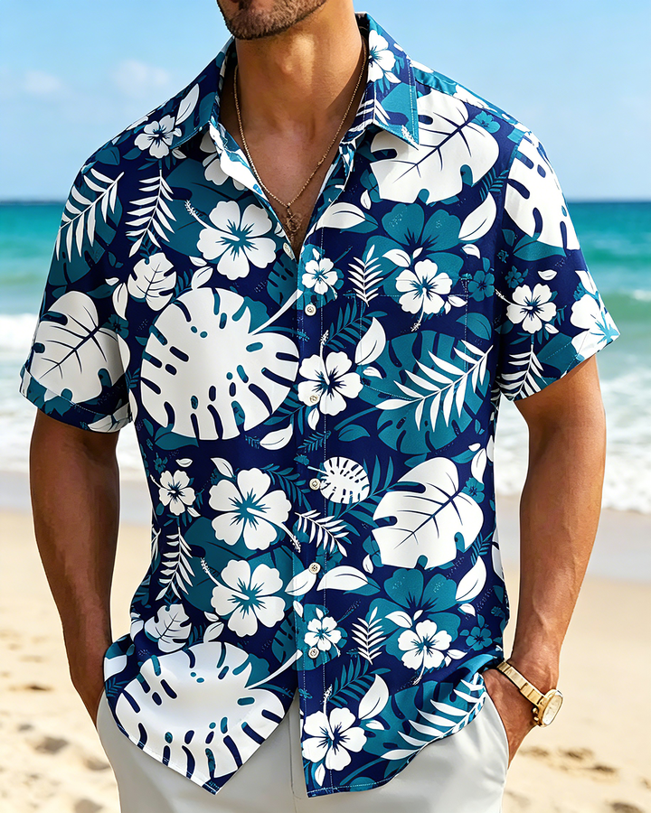 Alohadaddy® Hawaiian Palm Leaf Print Art Button Pocket Cardigan Men&