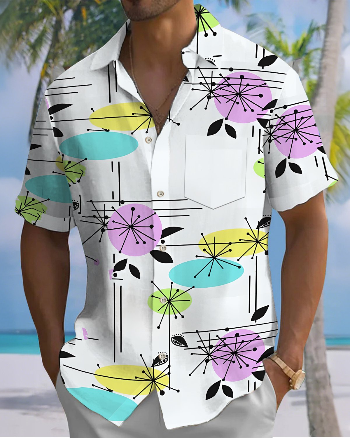 Alohadaddy® Retro Geometric Print Art Button Pocket Men's Short-Sleeve Shirt