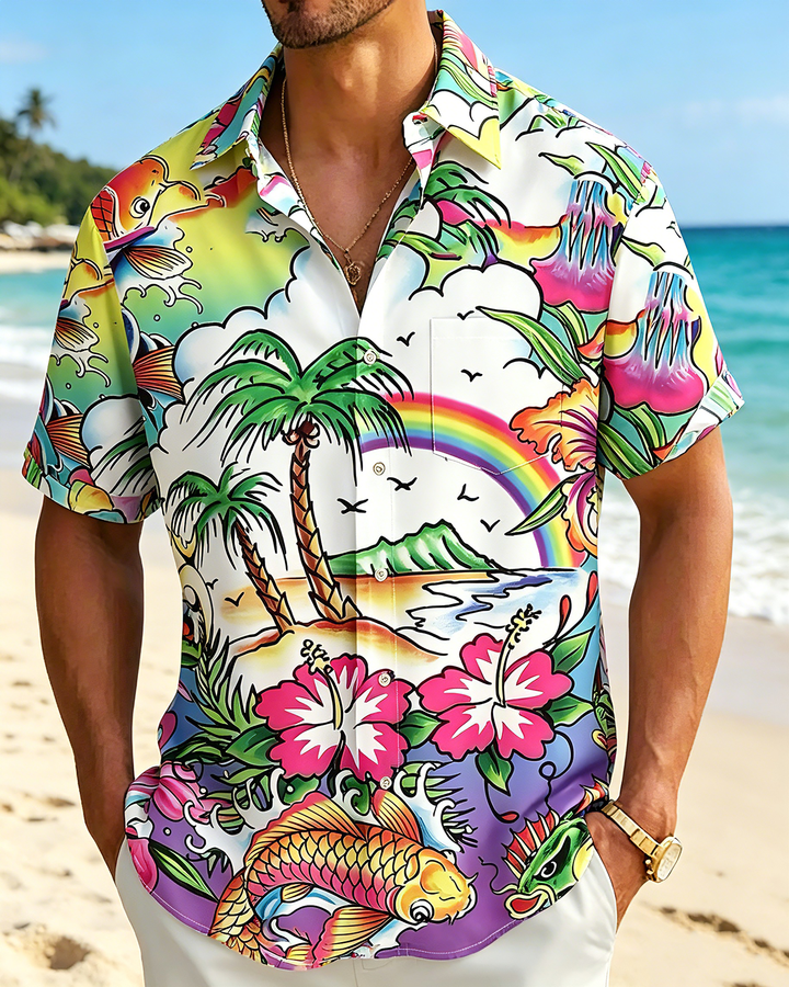 Alohadaddy® Hawaiian Palm Tree Print Art Button Pocket Cardigan Men&