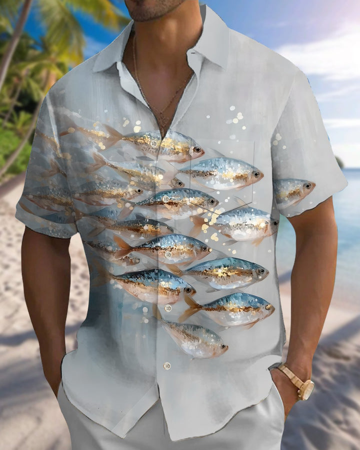 Alohadaddy® Hawaiian Fish Print Art Button Pocket Cardigan Men&