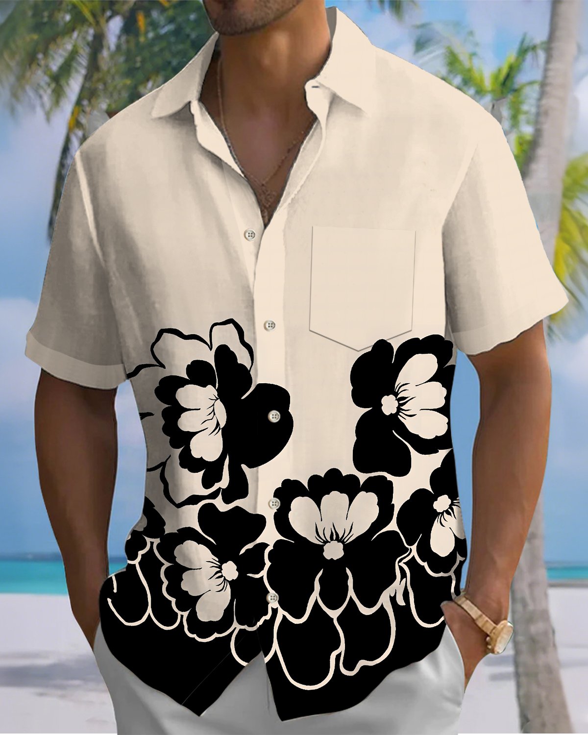 Alohadaddy® Casual Floral Print Art Button Pocket Cardigan Men's Short Sleeve Shirt