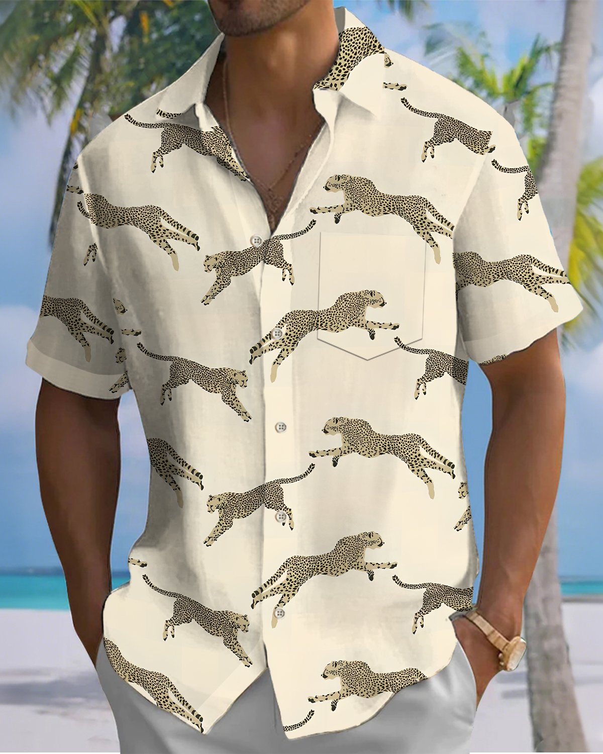 Alohadaddy® Casual Leopard Print Art Button Pocket Cardigan Men's Short Sleeve Shirt