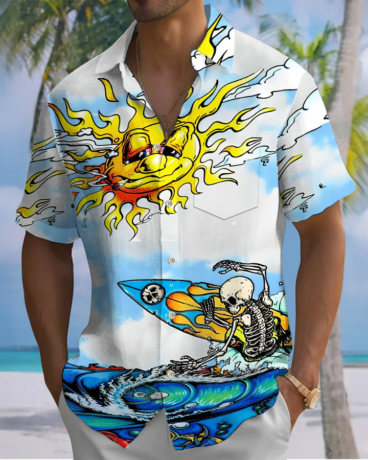 Alohadaddy® Hawaiian Skull Surfing Sun Print Art Button Pockets Cardigan Men&