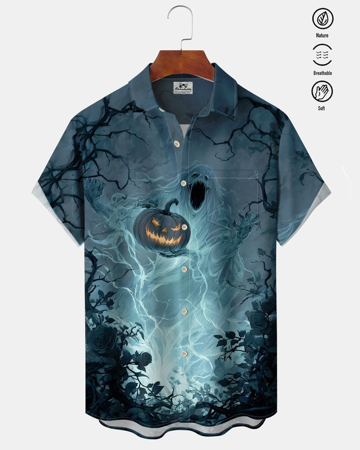 Alohadaddy® Holiday/Halloween Print Button-Down Short-Sleeve Shirt with Pocket