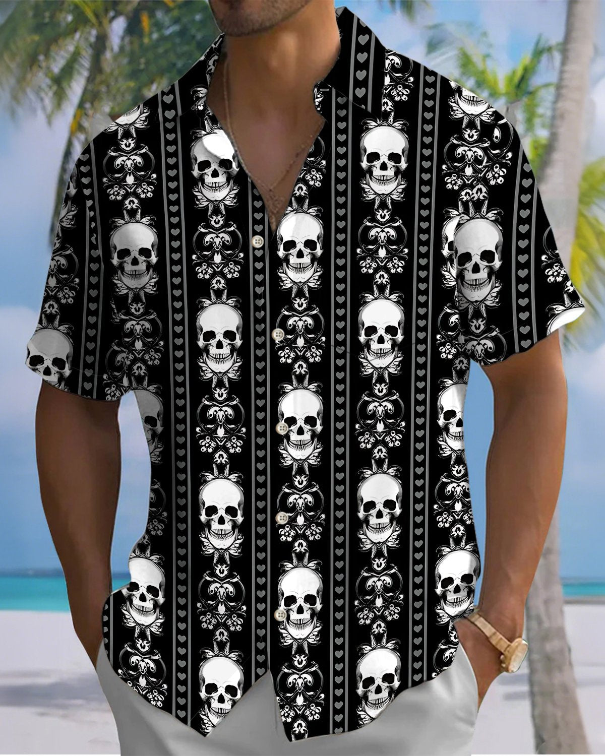Alohadaddy® Men's Short-Sleeve Button-Down Shirt  Vintage Skull Print with Pocket